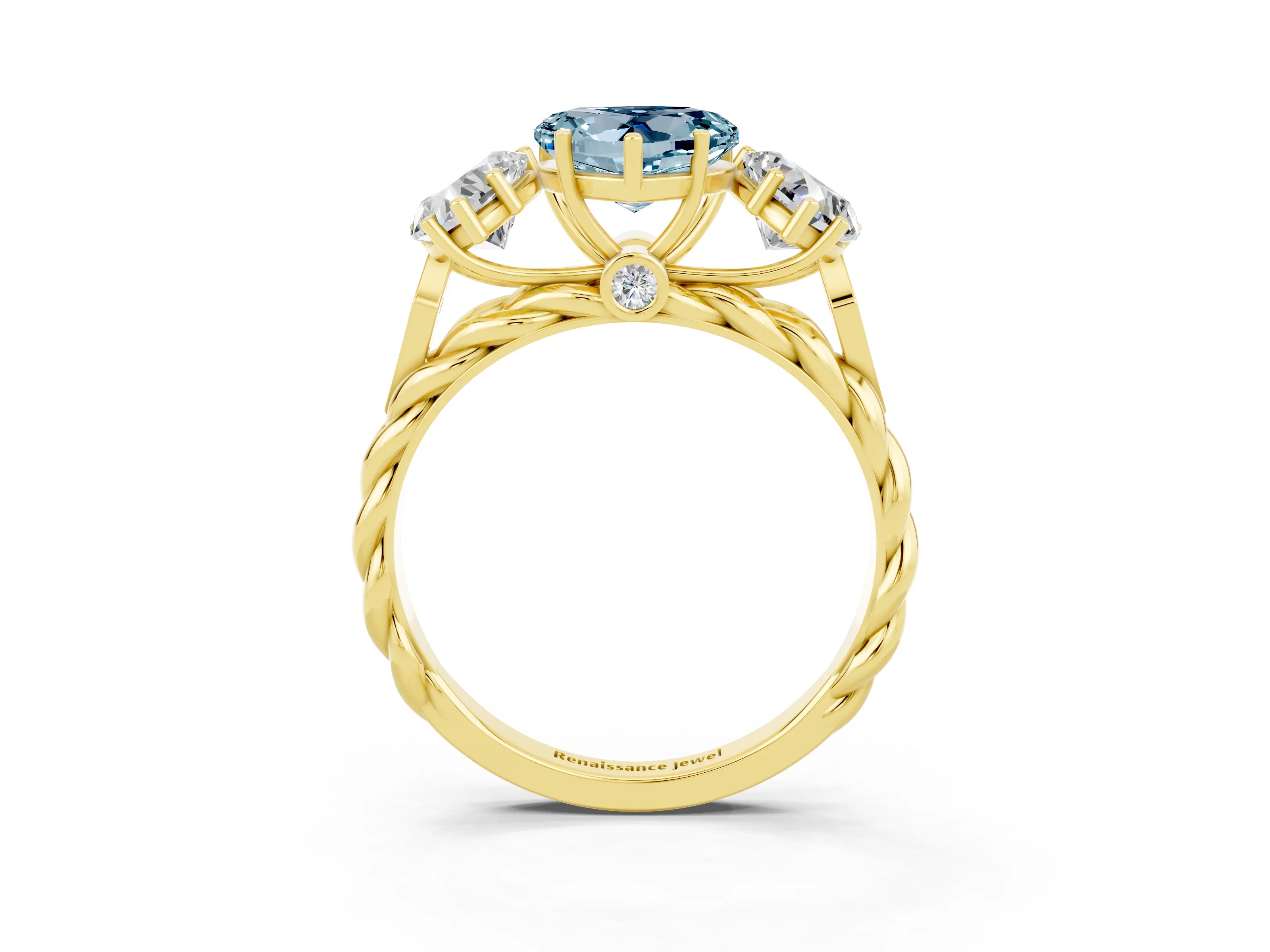 Yellow gold Three-Stone Heart Cut Aquamarine Braided Band Ring with Four-Prong Setting_15
