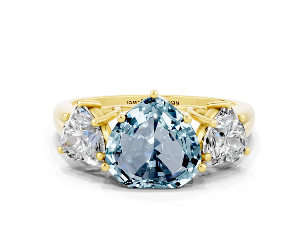Yellow gold Three-Stone Heart Cut Aquamarine Engagement Ring with Prong Setting