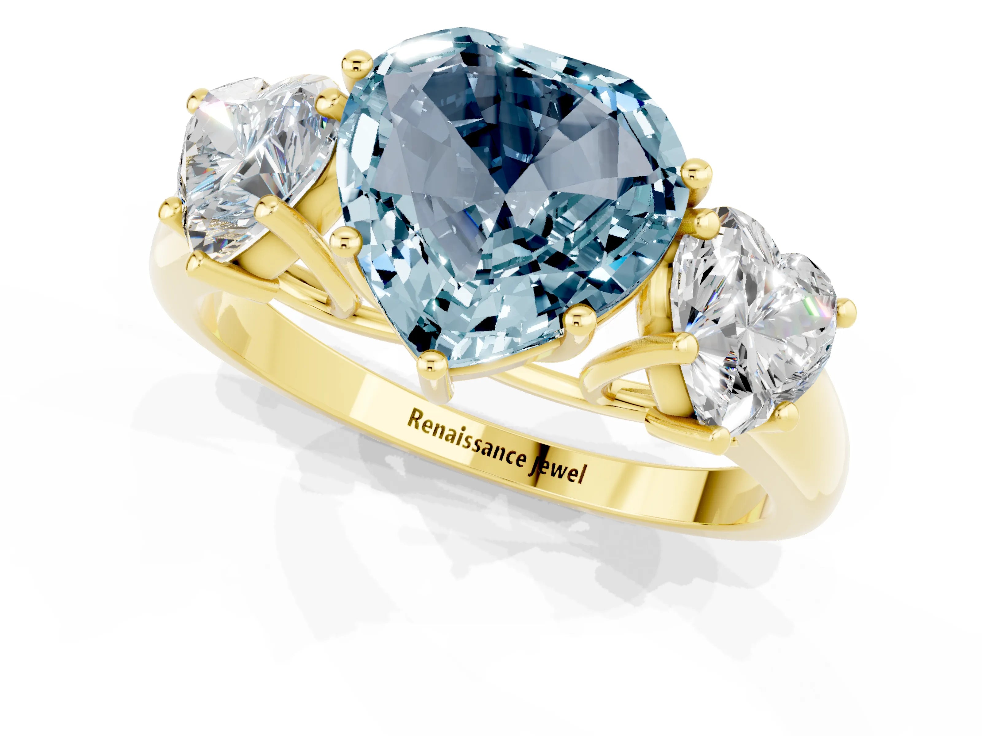 Yellow gold Three-Stone Heart Cut Aquamarine Engagement Ring with Prong Setting_1