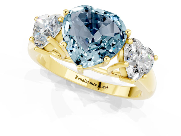 Yellow gold Three-Stone Heart Cut Aquamarine Engagement Ring with Prong Setting