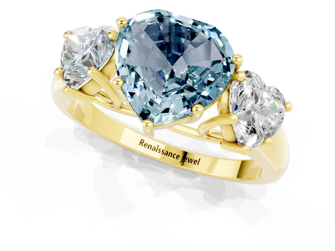 Yellow gold Three-Stone Heart Cut Aquamarine Engagement Ring with Prong Setting_1