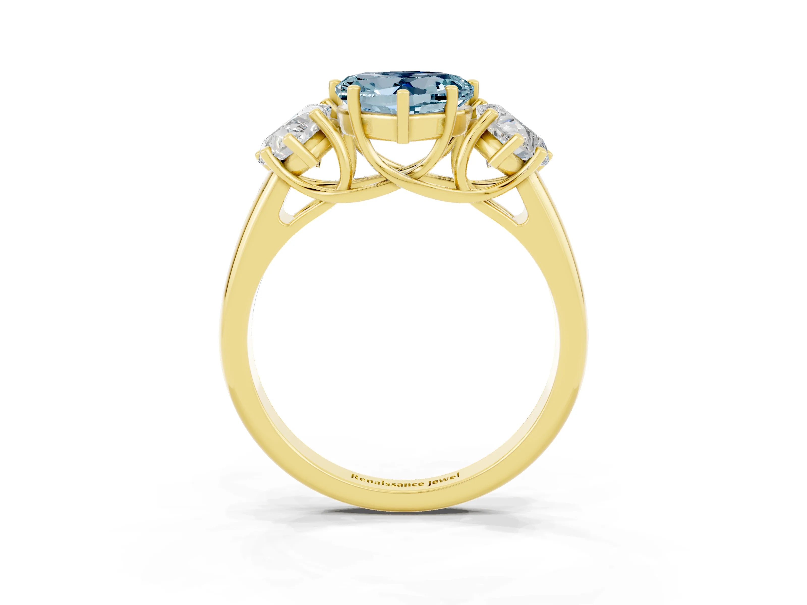 Yellow gold Three-Stone Heart Cut Aquamarine Engagement Ring with Prong Setting_3