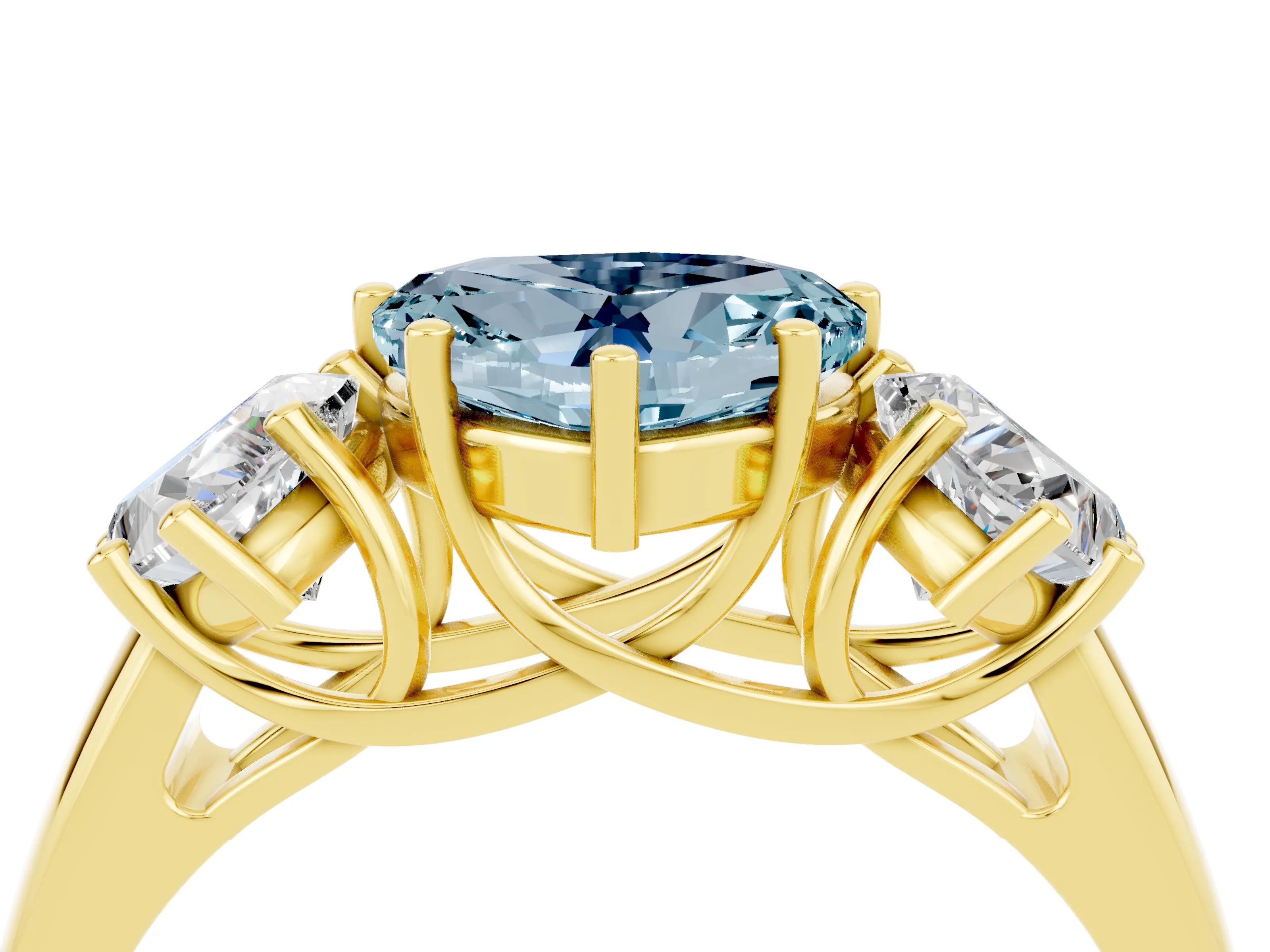 Yellow gold Three-Stone Heart Cut Aquamarine Engagement Ring with Prong Setting_4