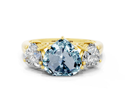 Yellow gold Three-Stone Heart Cut Aquamarine Engagement Ring with Prong Setting