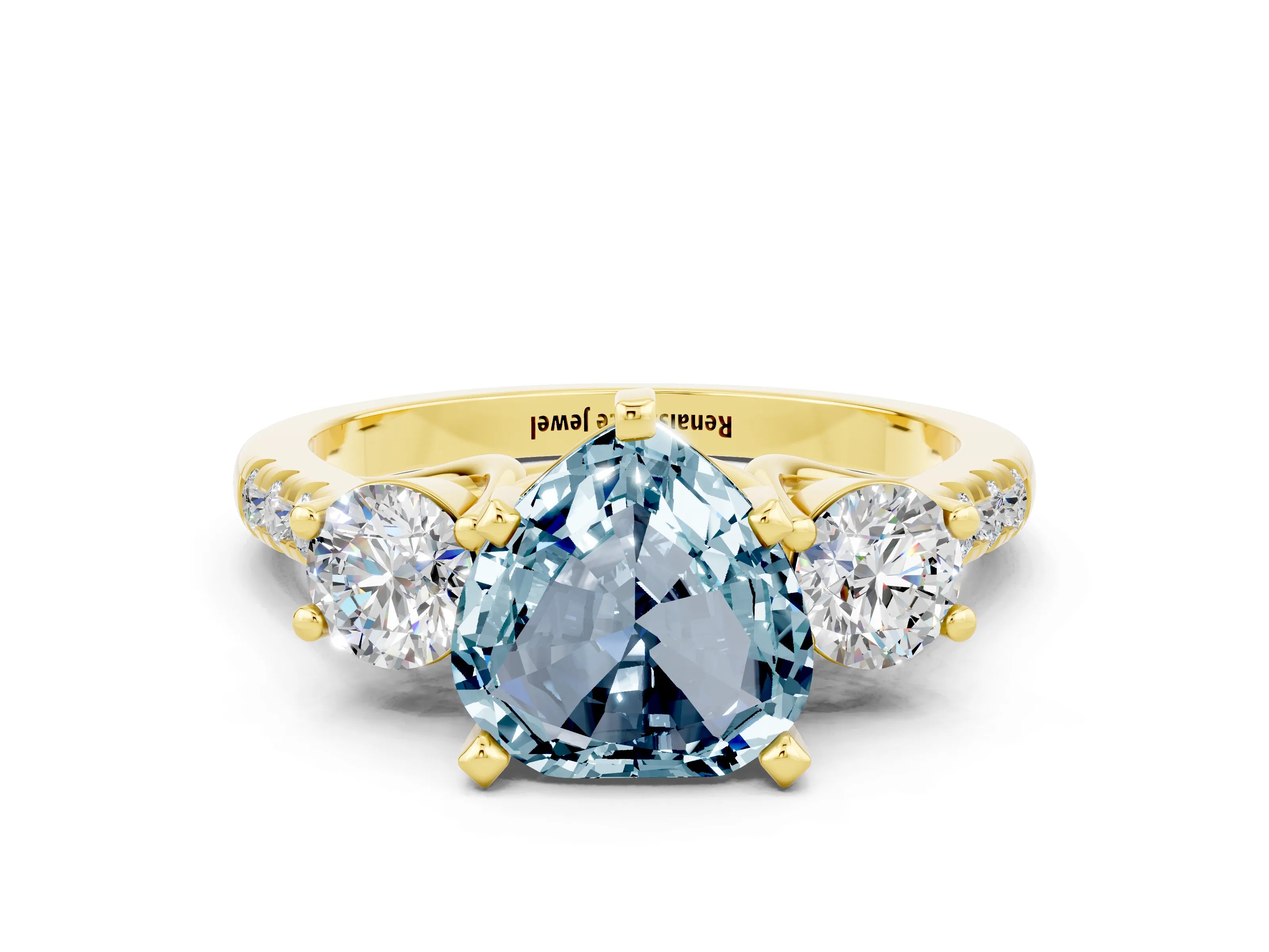 Yellow gold Three-Stone Heart Cut Aquamarine Pavé Band with Four-Prong Setting
