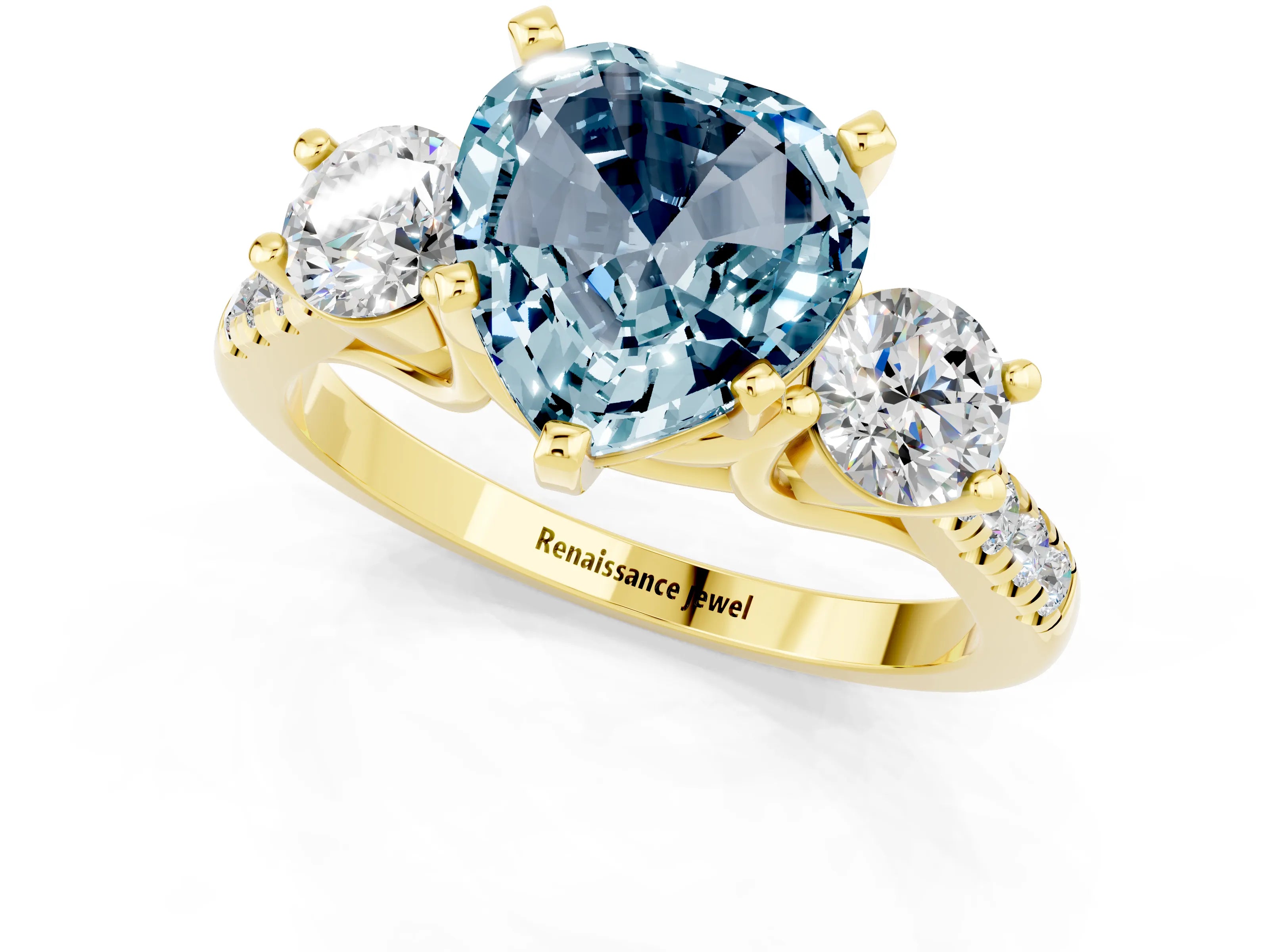 Yellow gold Three-Stone Heart Cut Aquamarine Pavé Band with Four-Prong Setting_1