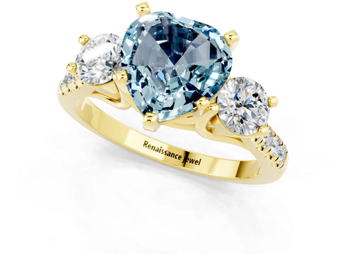 Yellow gold Three-Stone Heart Cut Aquamarine Pavé Band with Four-Prong Setting_1