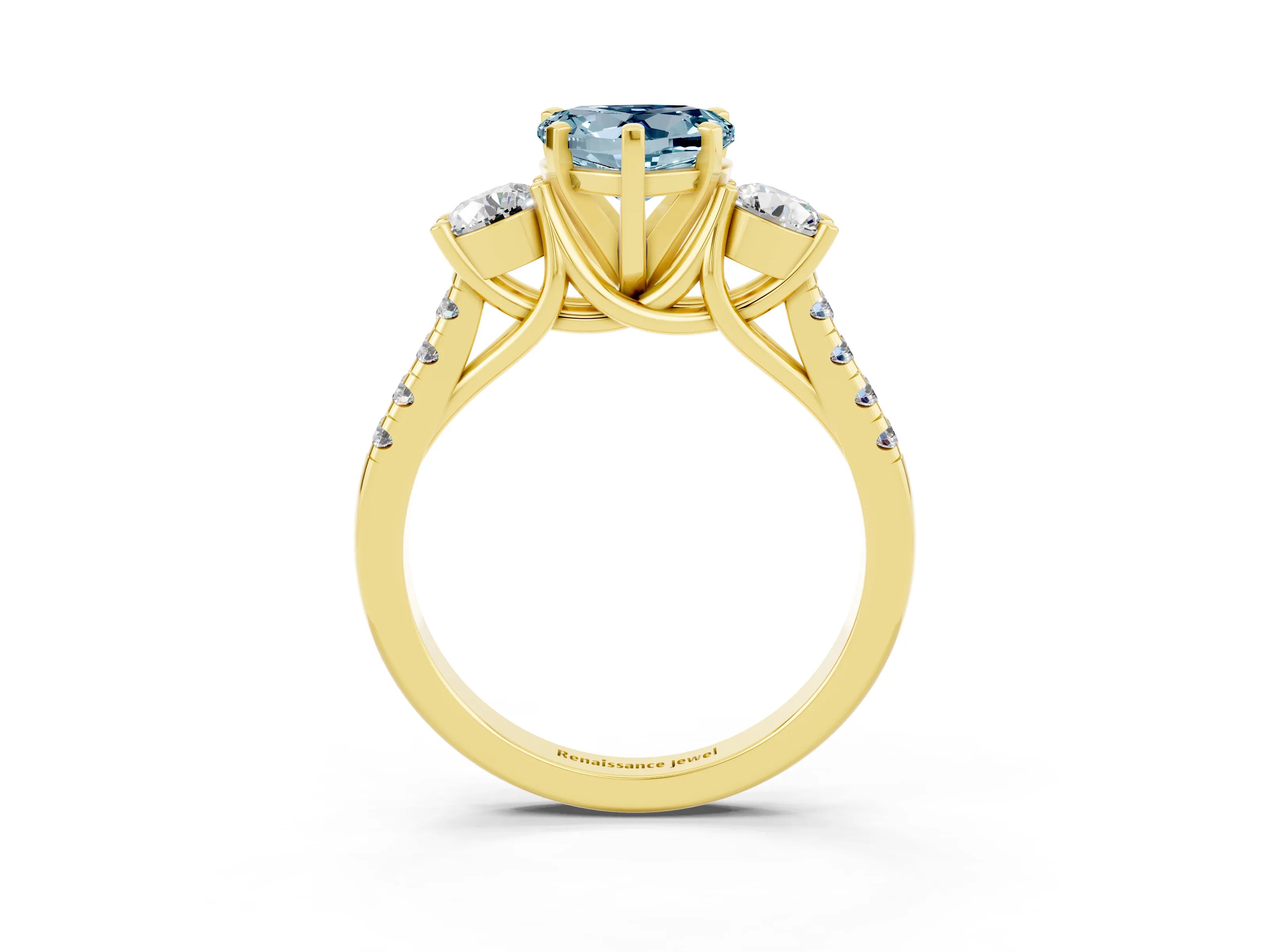 Yellow gold Three-Stone Heart Cut Aquamarine Pavé Band with Four-Prong Setting_3