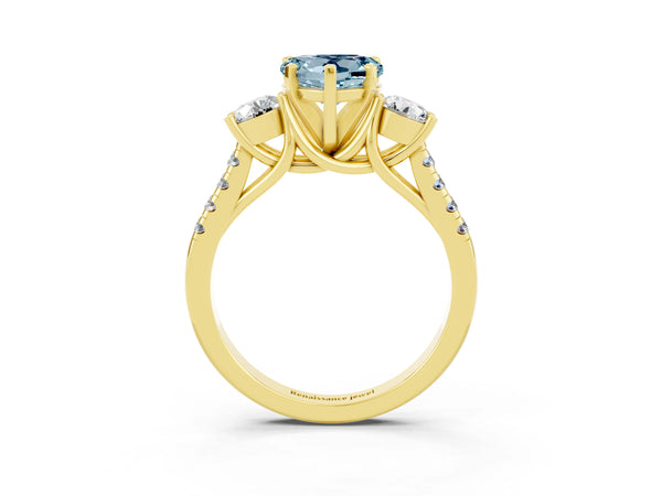 Yellow gold Three-Stone Heart Cut Aquamarine Pavé Band with Four-Prong Setting