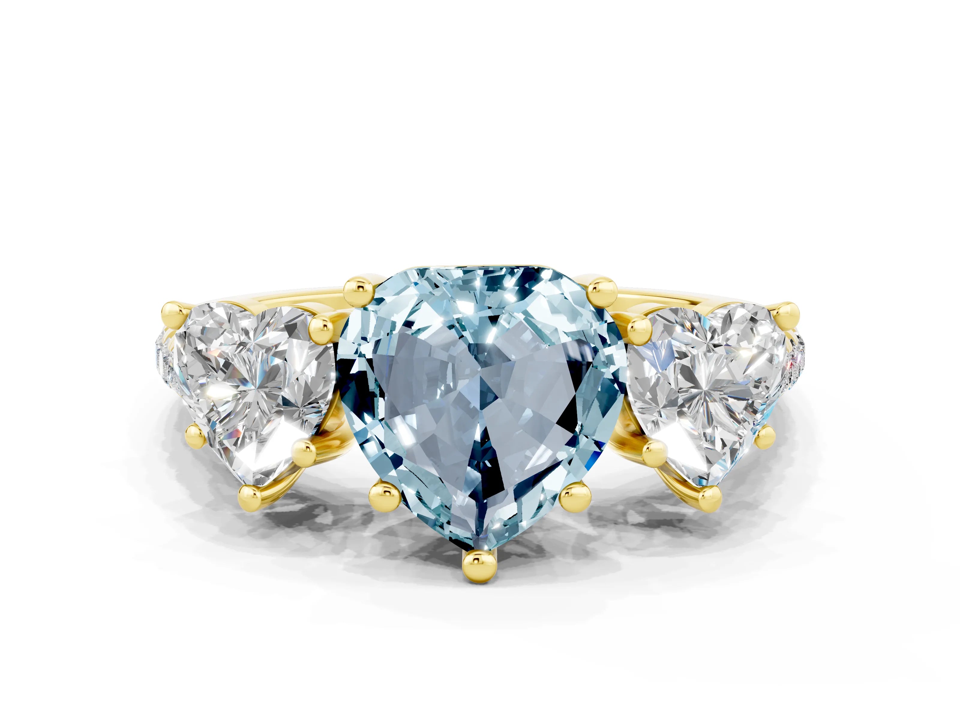 Yellow gold Three-Stone Heart Cut Aquamarine Ring with Pavé Band and Prong Setting_12