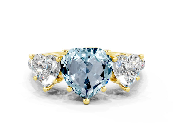 Yellow gold Three-Stone Heart Cut Aquamarine Ring with Round  Pavé Band and Prong Setting