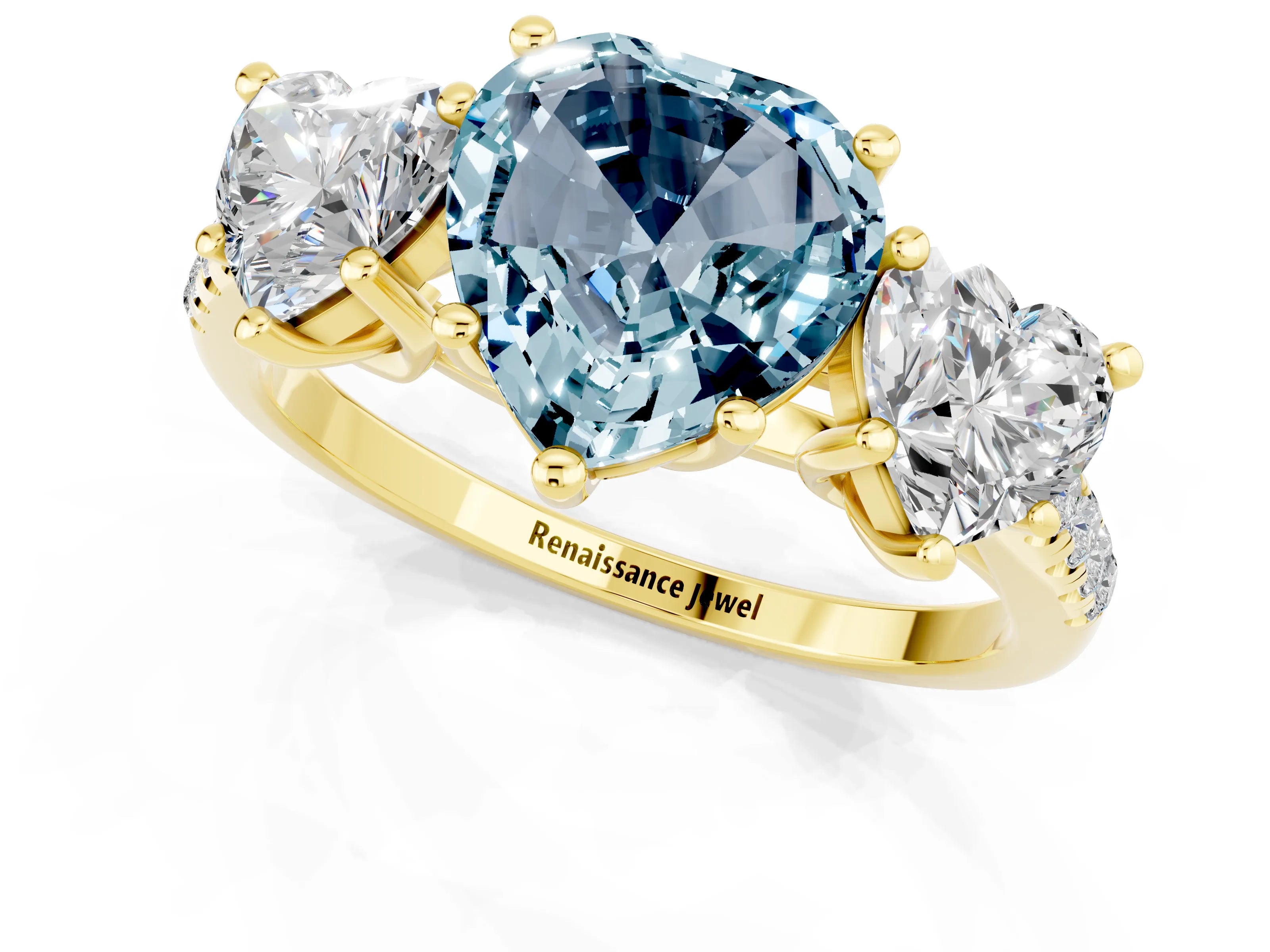 Yellow gold Three-Stone Heart Cut Aquamarine Ring with Pavé Band and Prong Setting_13