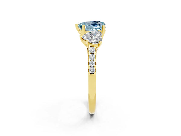 Yellow gold Three-Stone Heart Cut Aquamarine Ring with Round  Pavé Band and Prong Setting