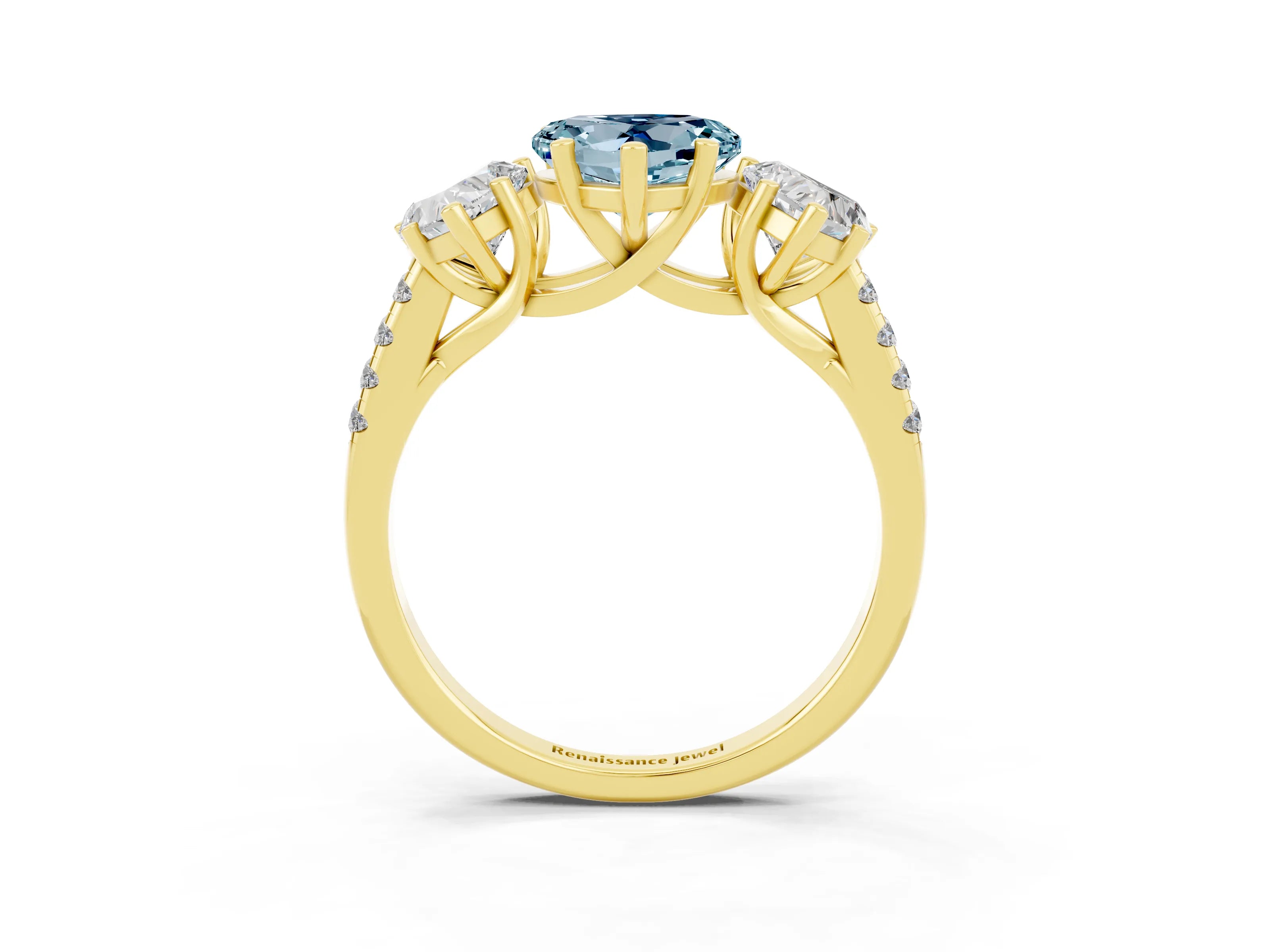 Yellow gold Three-Stone Heart Cut Aquamarine Ring with Pavé Band and Prong Setting_15