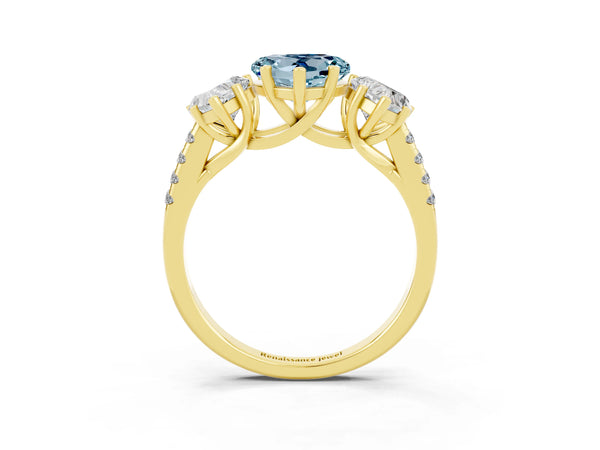 Yellow gold Three-Stone Heart Cut Aquamarine Ring with Round  Pavé Band and Prong Setting