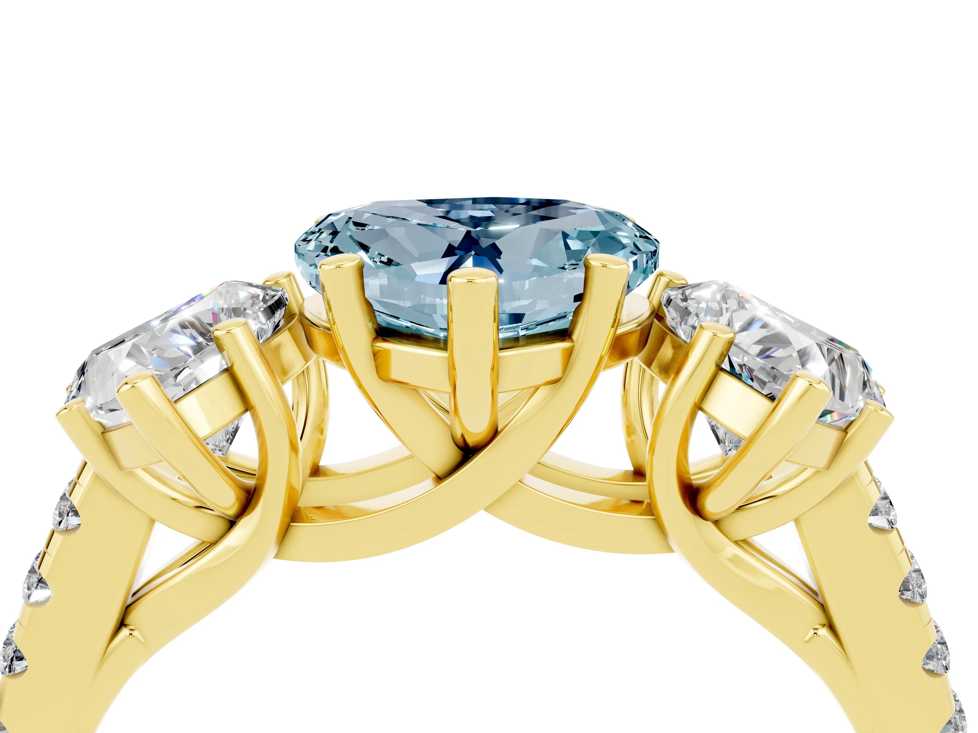 Yellow gold Three-Stone Heart Cut Aquamarine Ring with Pavé Band and Prong Setting_16