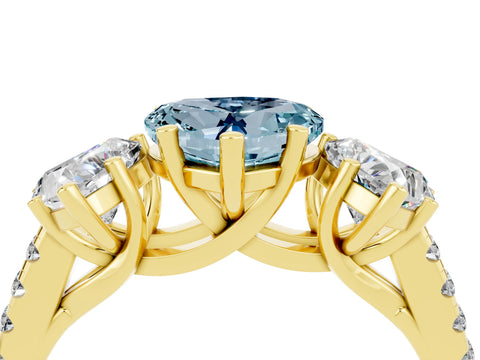 Yellow gold Three-Stone Heart Cut Aquamarine Ring with Pavé Band and Prong Setting_16