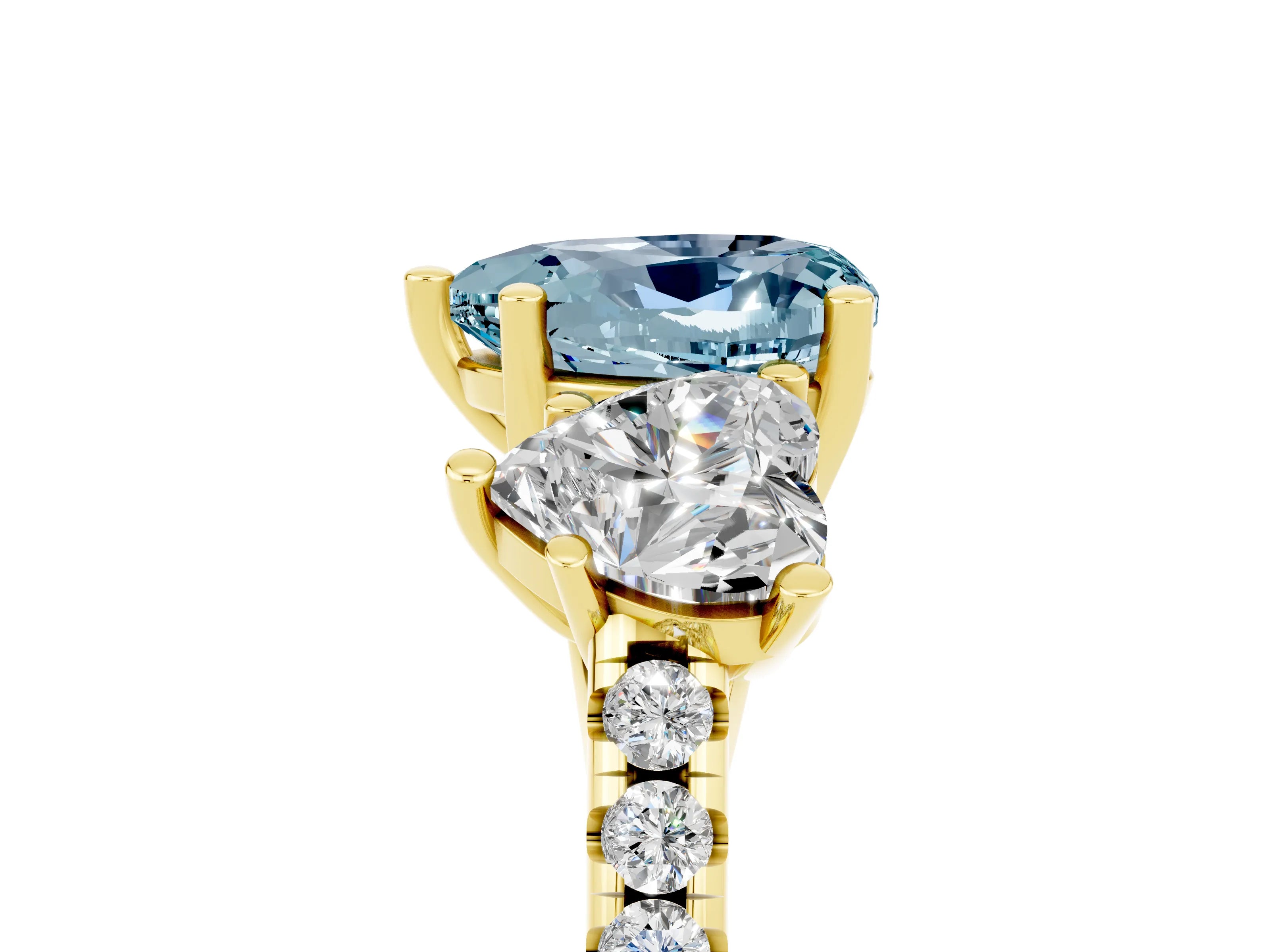 Yellow gold Three-Stone Heart Cut Aquamarine Ring with Pavé Band and Prong Setting_17