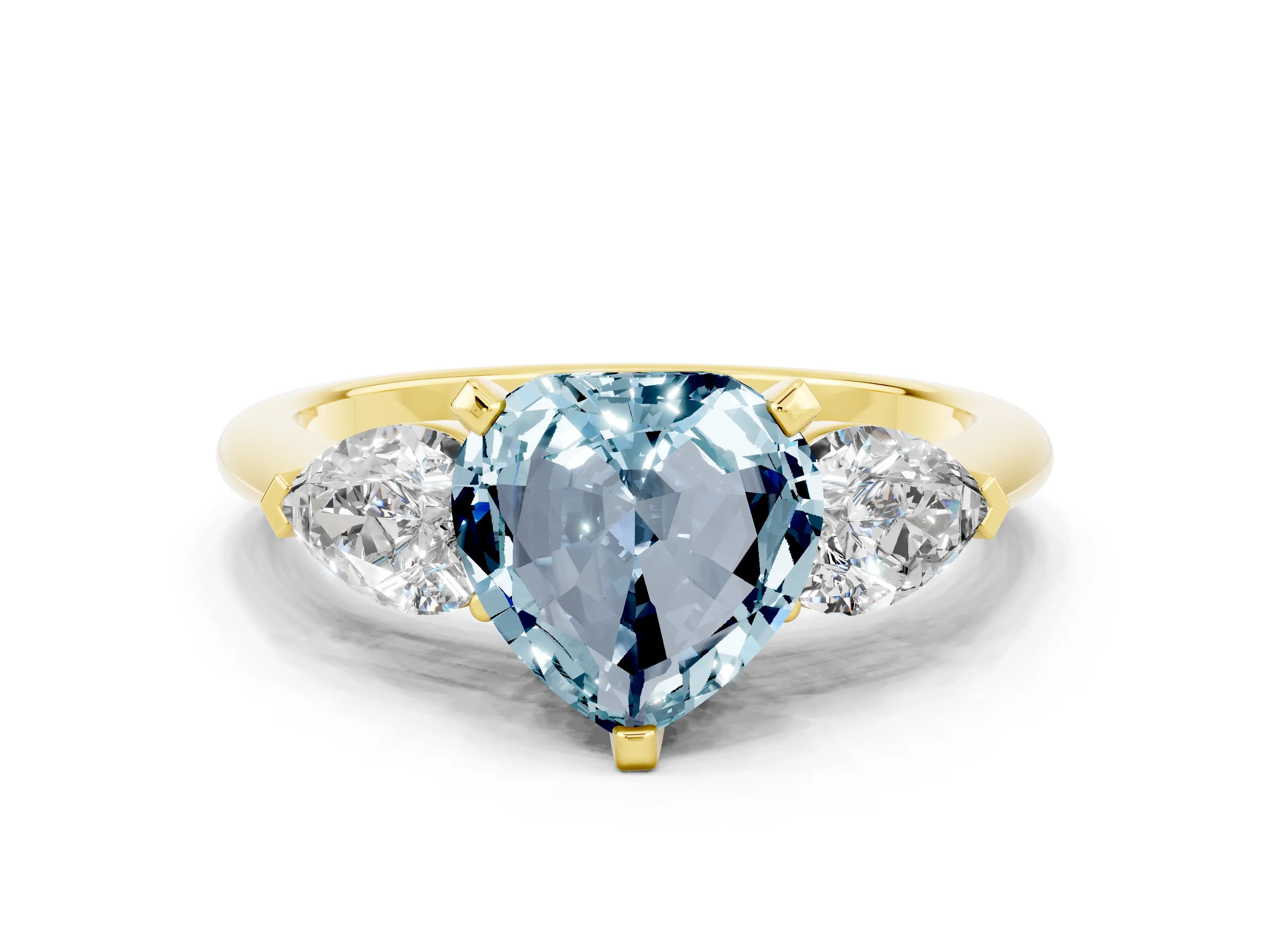 Yellow gold Three-Stone Heart Cut Aquamarine Ring with Pear Side Stones and Four-Prong Setting