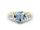 Yellow gold Three-Stone Heart Cut Aquamarine Ring with Pear Side Stones and Four-Prong Setting