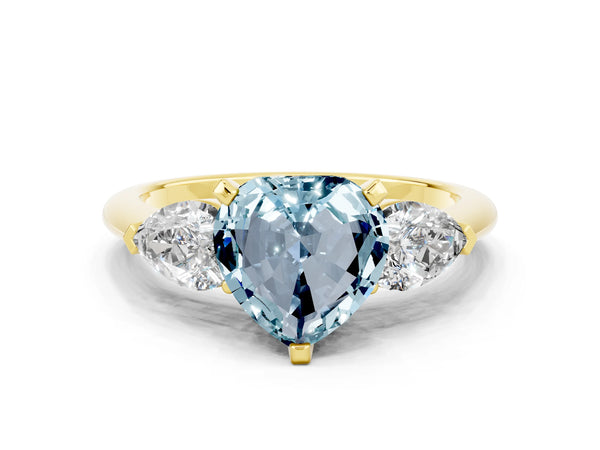 Yellow gold Three-Stone Heart Cut Aquamarine Ring with Pear Side Stones and Four-Prong Setting