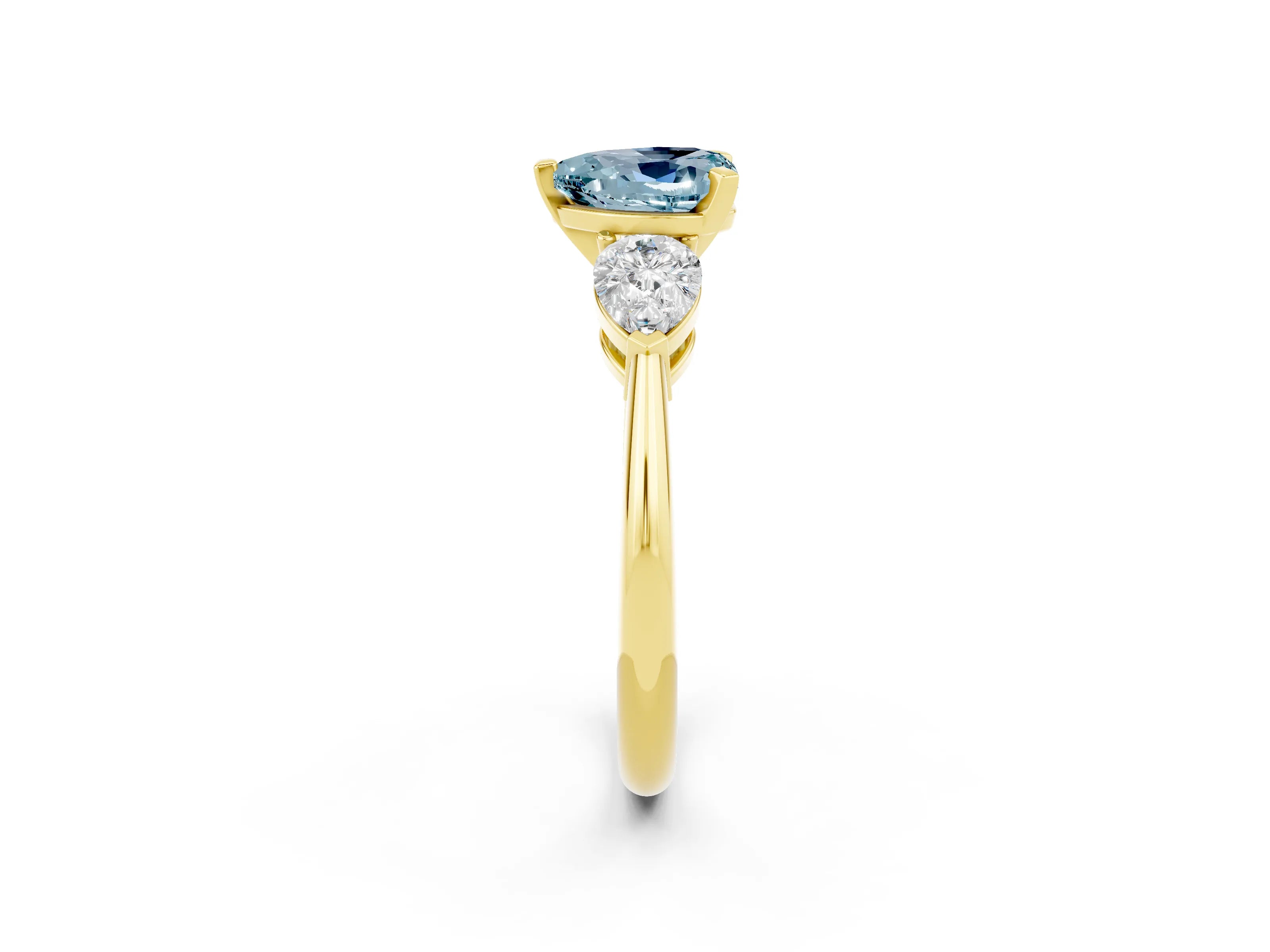 Yellow gold Three-Stone Heart Cut Aquamarine Ring with Pear Side Stones and Four-Prong Setting_2