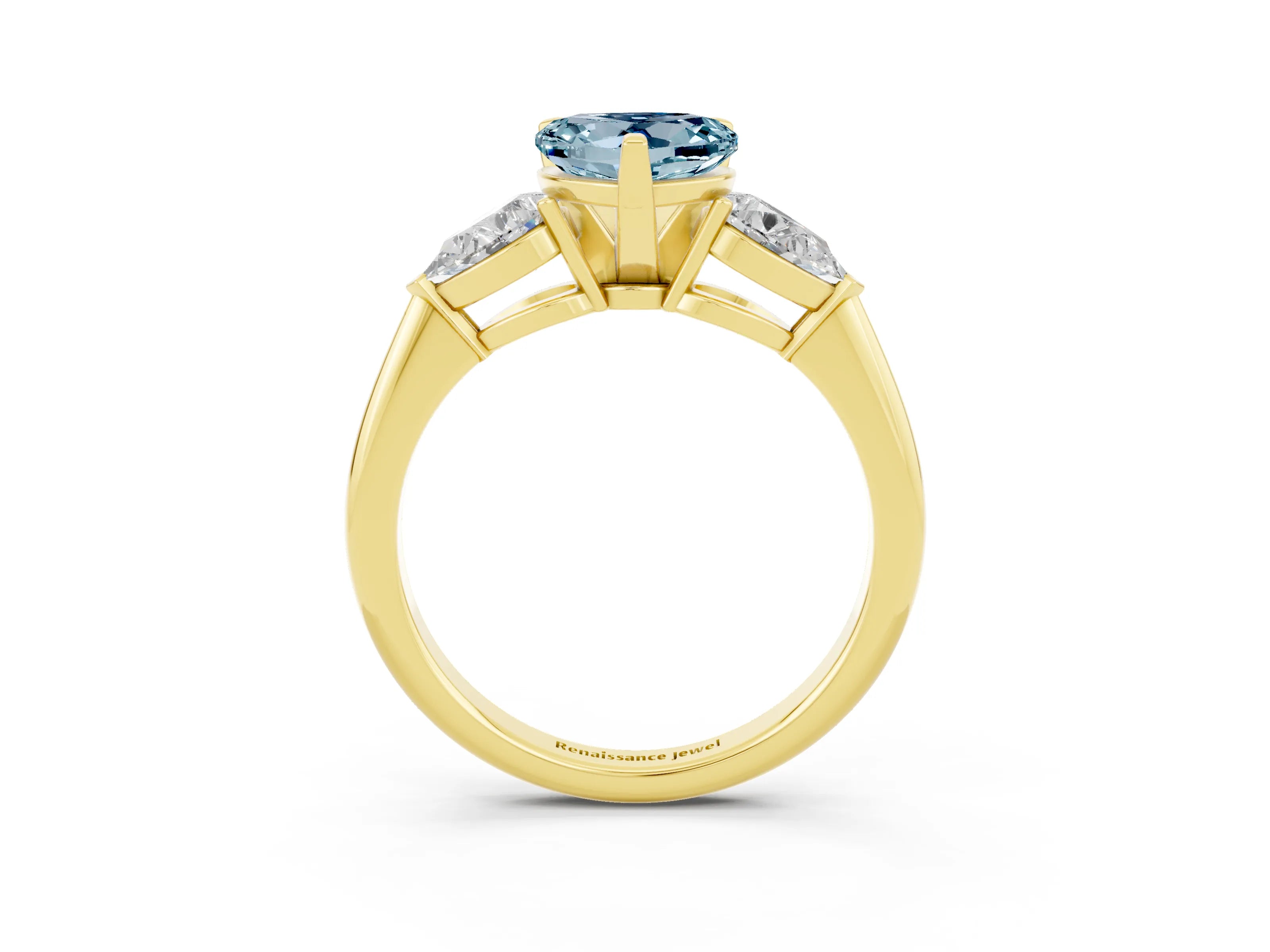 Yellow gold Three-Stone Heart Cut Aquamarine Ring with Pear Side Stones and Four-Prong Setting_3