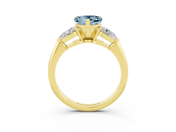 Yellow gold Three-Stone Heart Cut Aquamarine Ring with Pear Side Stones and Four-Prong Setting