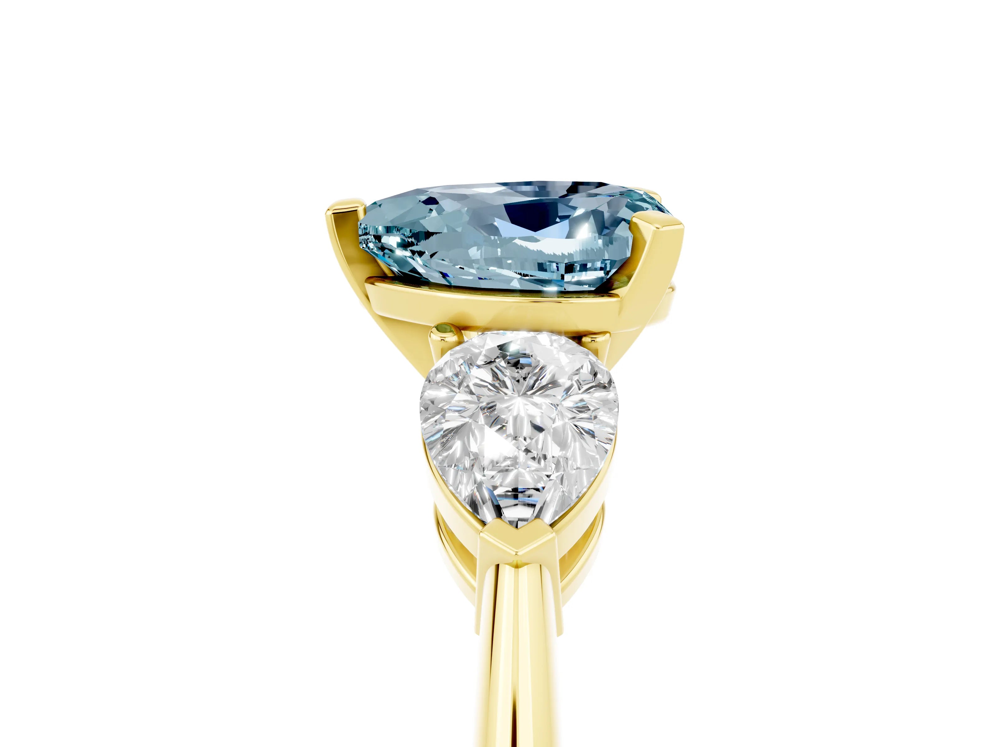 Yellow gold Three-Stone Heart Cut Aquamarine Ring with Pear Side Stones and Four-Prong Setting_5