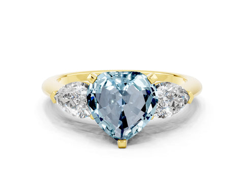 Yellow gold Three-Stone Heart Cut Aquamarine Ring with Pear Side Stones and Four-Prong Setting