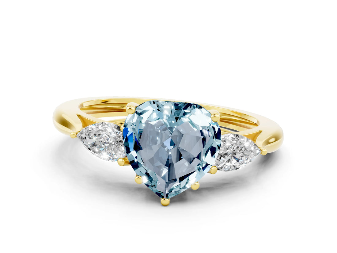 Yellow gold Three-Stone Heart Cut Aquamarine Ring with Pear  Side Stones in Four-Prong Setting_12