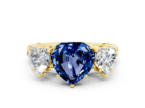 Yellow gold Three-Stone Heart Cut Blue Sapphire Braided Band Ring with Four-Prong Setting