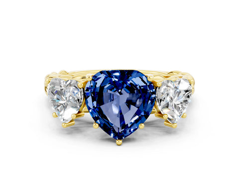 Yellow gold Three-Stone Heart Cut Blue Sapphire Braided Band Ring with Four-Prong Setting_12