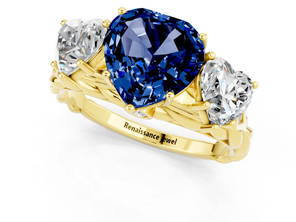 Yellow gold Three-Stone Heart Cut Blue Sapphire Braided Band Ring with Four-Prong Setting