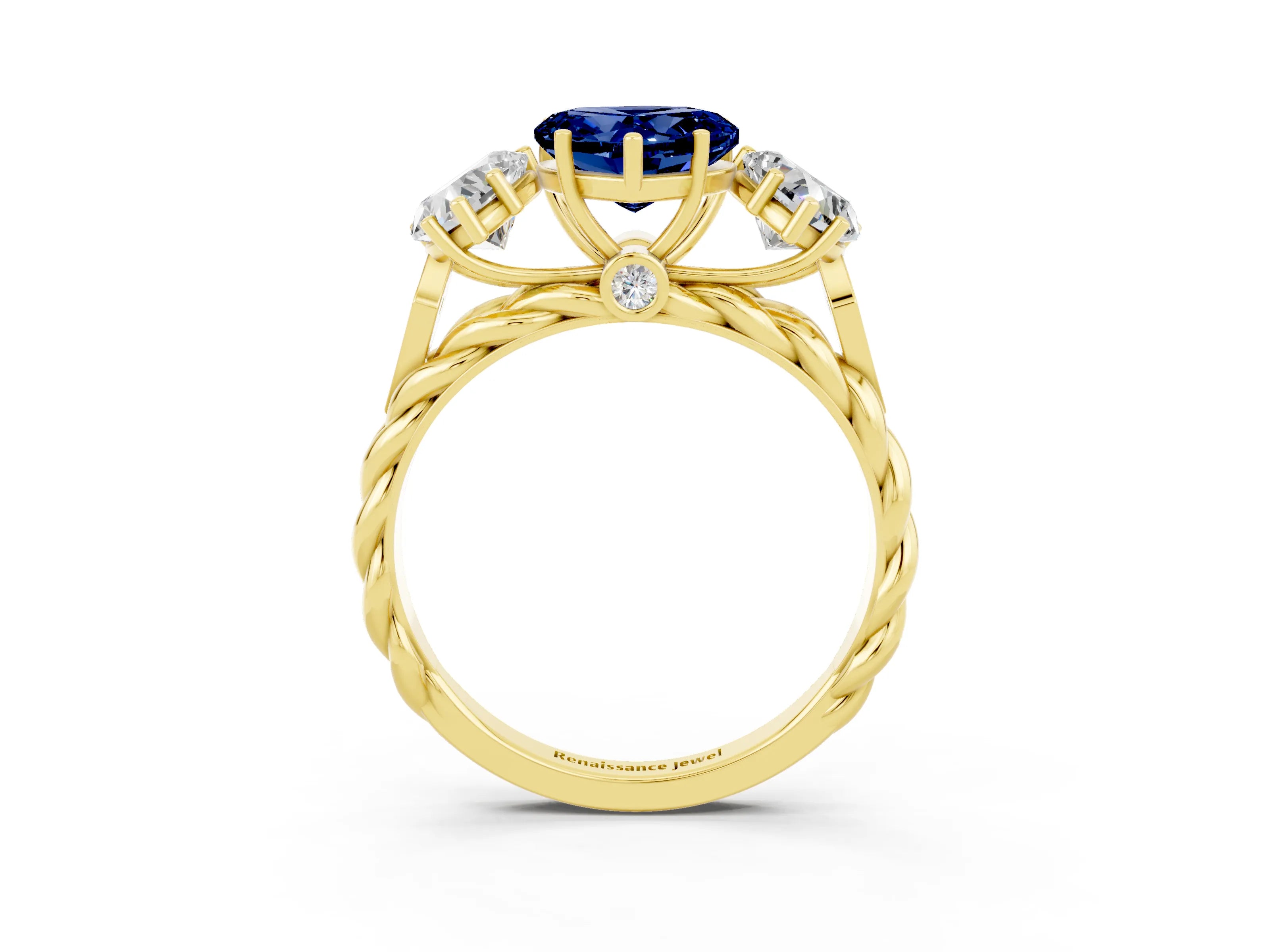 Yellow gold Three-Stone Heart Cut Blue Sapphire Braided Band Ring with Four-Prong Setting_15