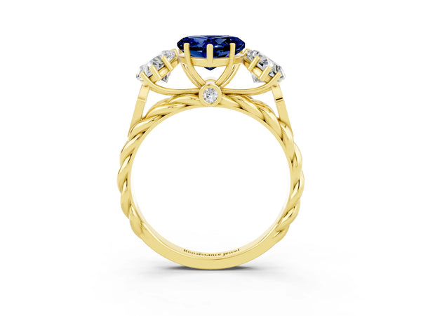 Yellow gold Three-Stone Heart Cut Blue Sapphire Braided Band Ring with Four-Prong Setting