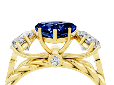 Yellow gold Three-Stone Heart Cut Blue Sapphire Braided Band Ring with Four-Prong Setting_16