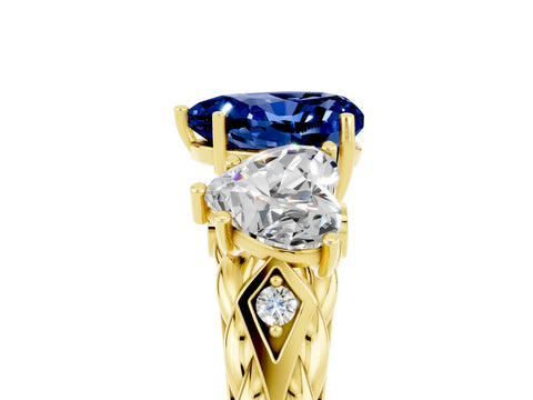 Yellow gold Three-Stone Heart Cut Blue Sapphire Braided Band Ring with Four-Prong Setting_17
