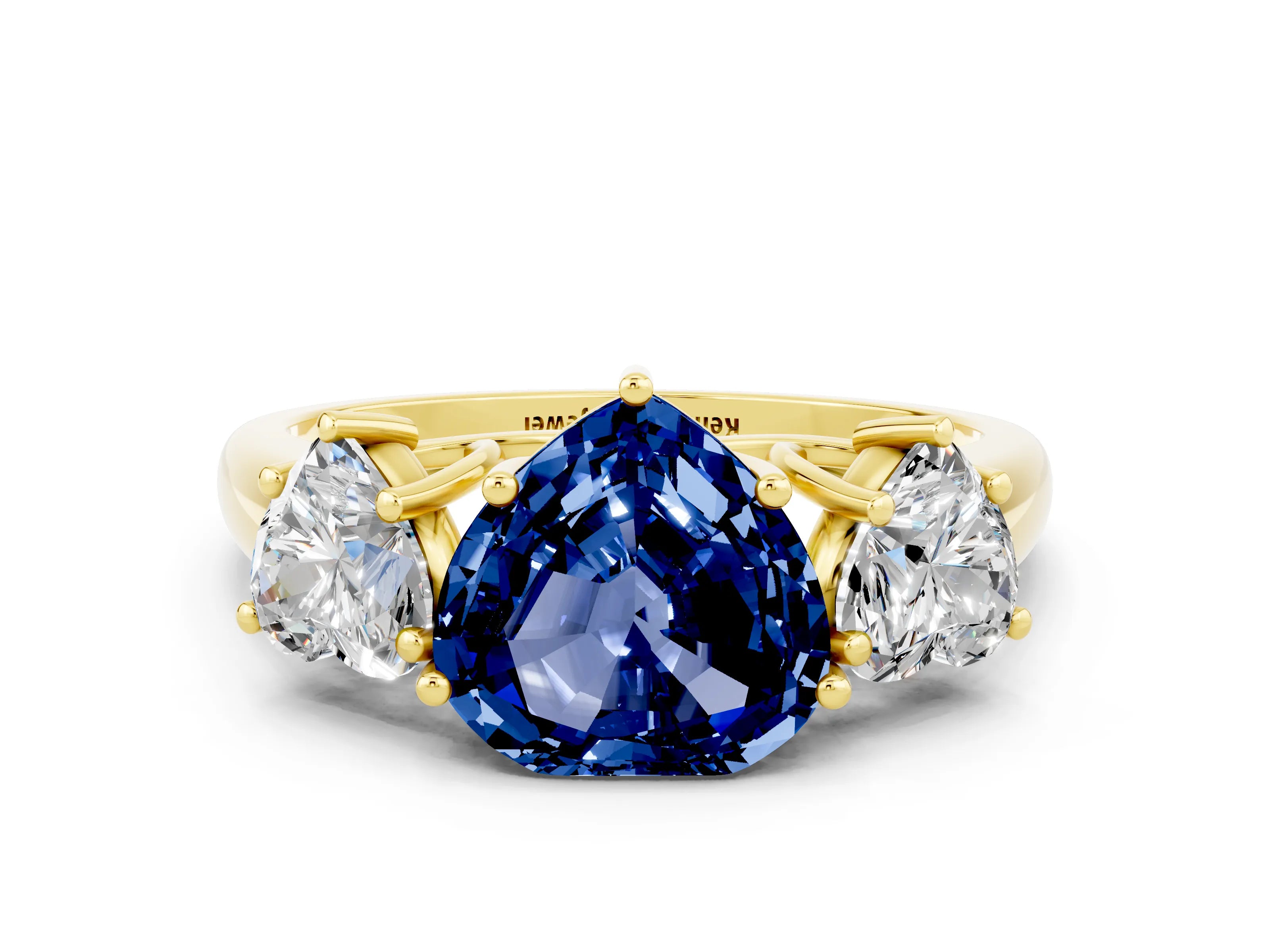 Yellow gold Three-Stone Heart Cut Blue Sapphire Engagement Ring with Prong Setting