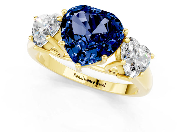 Yellow gold Three-Stone Heart Cut Blue Sapphire Engagement Ring with Prong Setting
