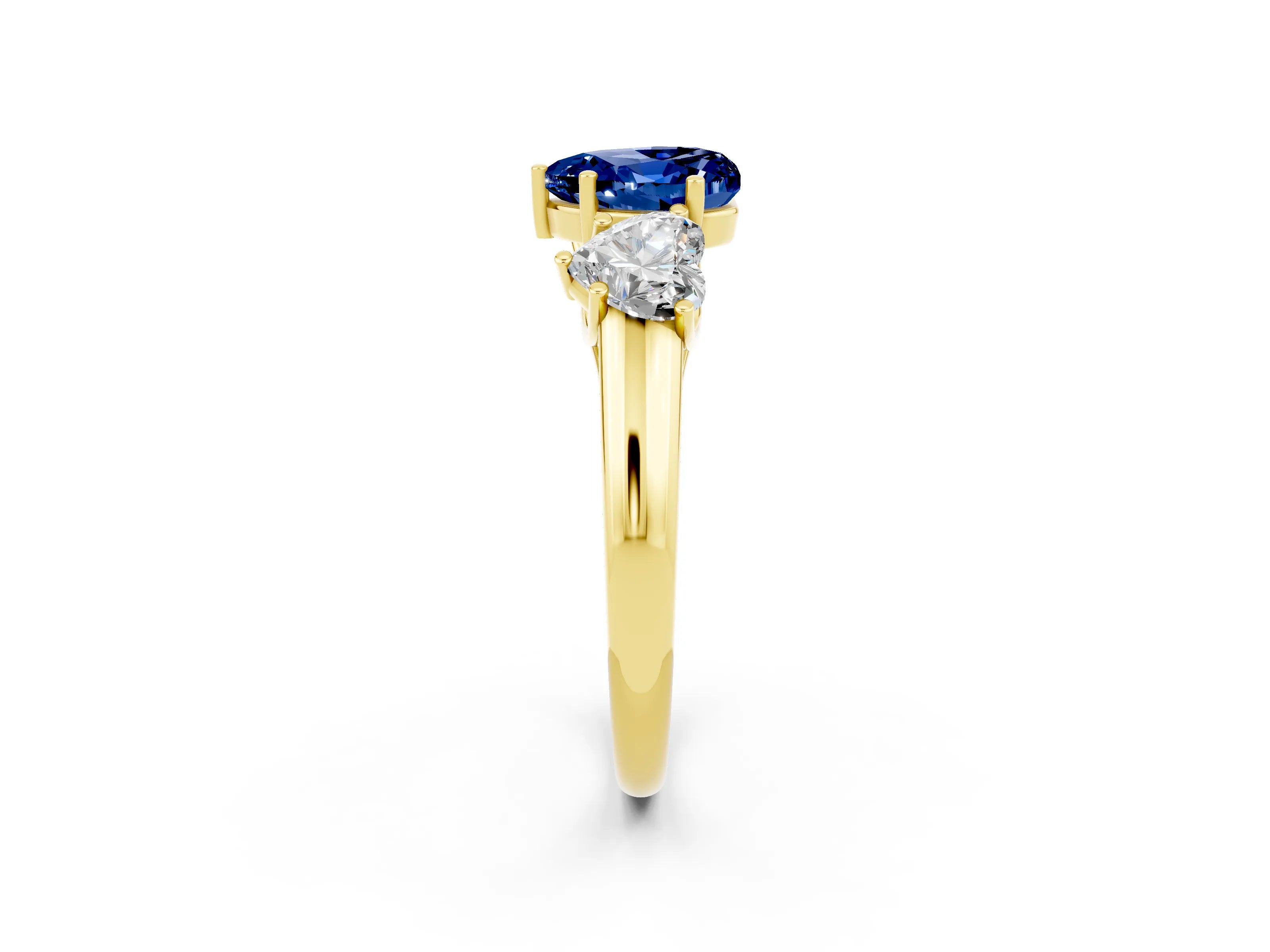 Yellow gold Three-Stone Heart Cut Blue Sapphire Engagement Ring with Prong Setting_2