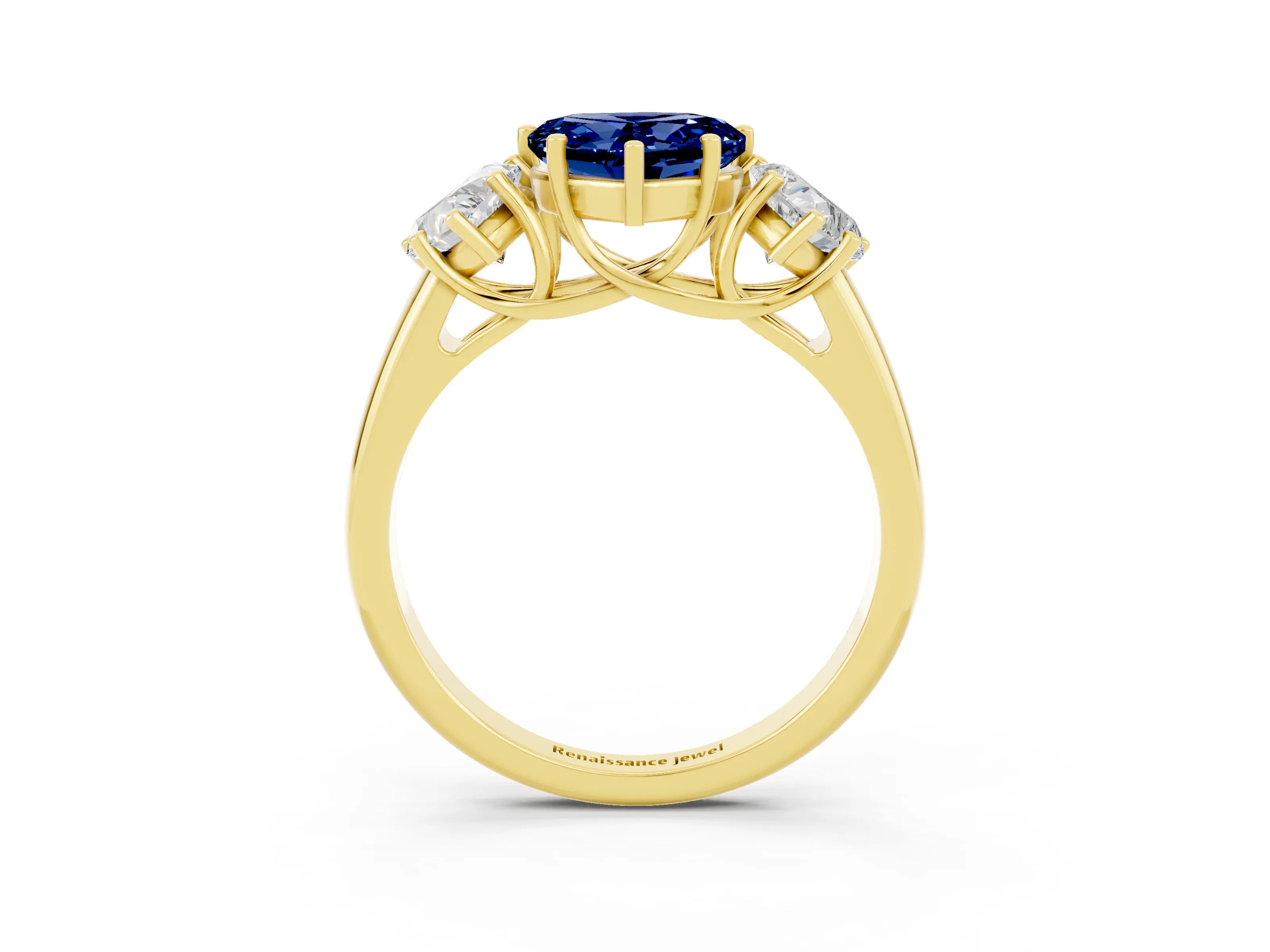 Yellow gold Three-Stone Heart Cut Blue Sapphire Engagement Ring with Prong Setting_3