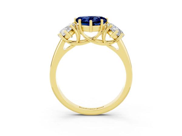 Yellow gold Three-Stone Heart Cut Blue Sapphire Engagement Ring with Prong Setting