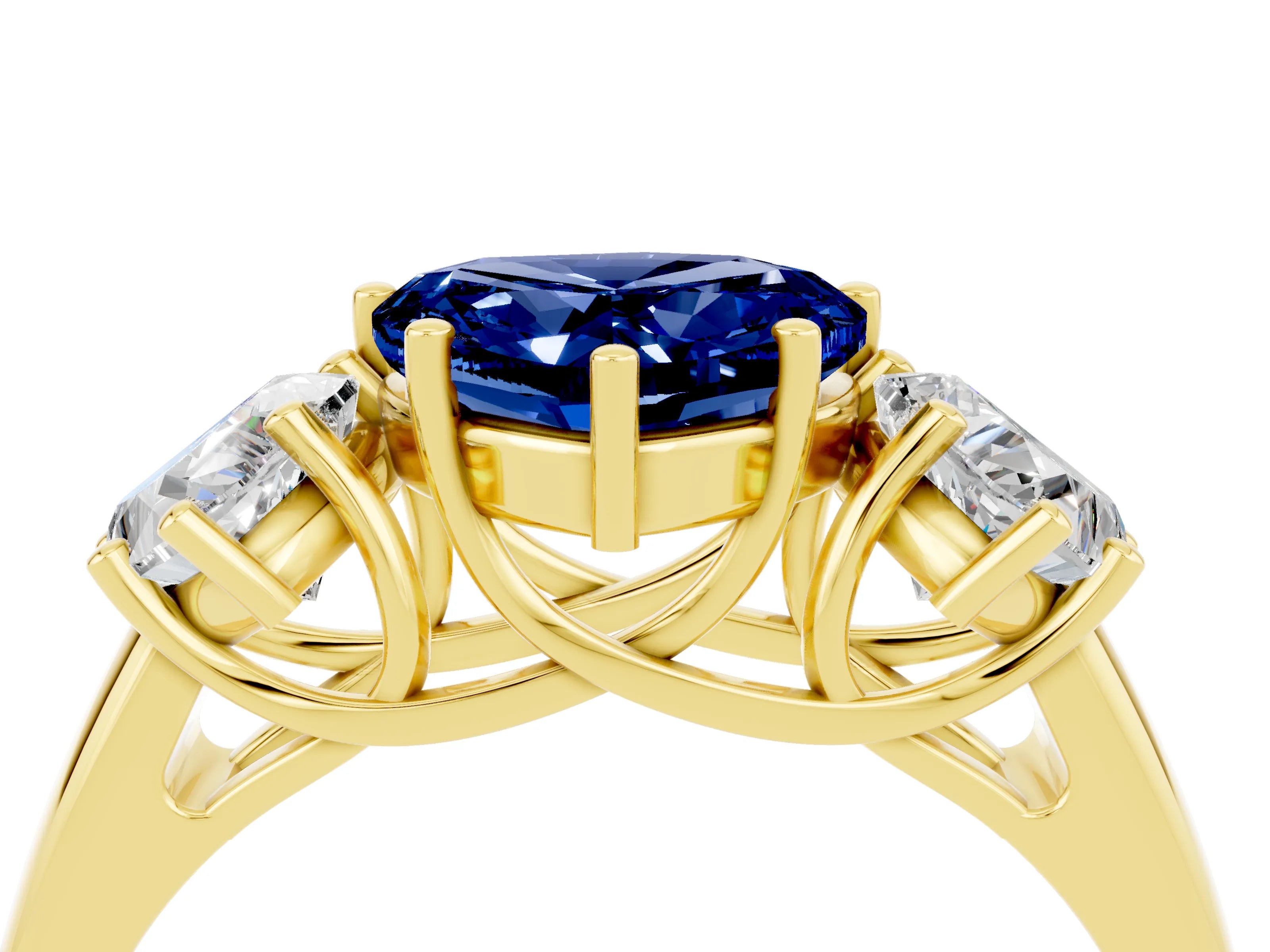 Yellow gold Three-Stone Heart Cut Blue Sapphire Engagement Ring with Prong Setting_4