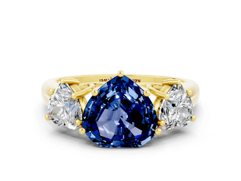 Yellow gold Three-Stone Heart Cut Blue Sapphire Engagement Ring with Prong Setting