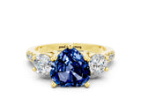 Yellow gold Three-Stone Heart Cut Blue Sapphire Pavé Band with Four-Prong Setting