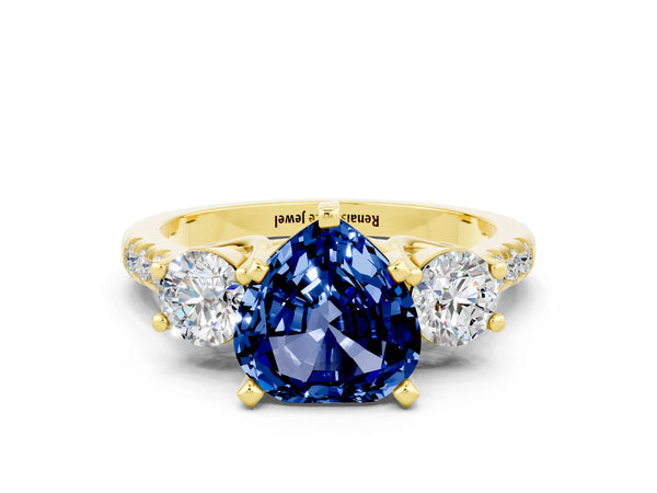 Yellow gold Three-Stone Heart Cut Blue Sapphire Pavé Band with Four-Prong Setting