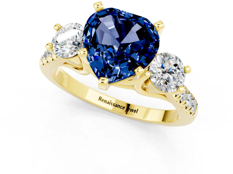 Yellow gold Three-Stone Heart Cut Blue Sapphire Pavé Band with Four-Prong Setting_1