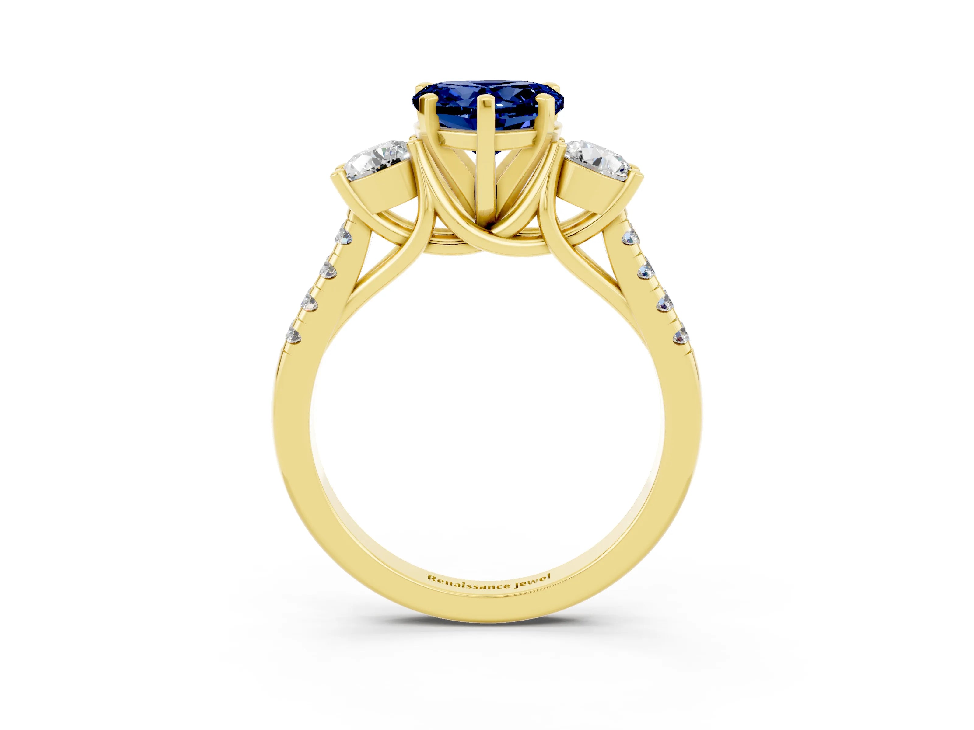 Yellow gold Three-Stone Heart Cut Blue Sapphire Pavé Band with Four-Prong Setting_3