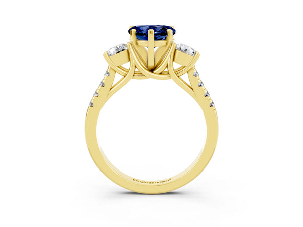 Yellow gold Three-Stone Heart Cut Blue Sapphire Pavé Band with Four-Prong Setting